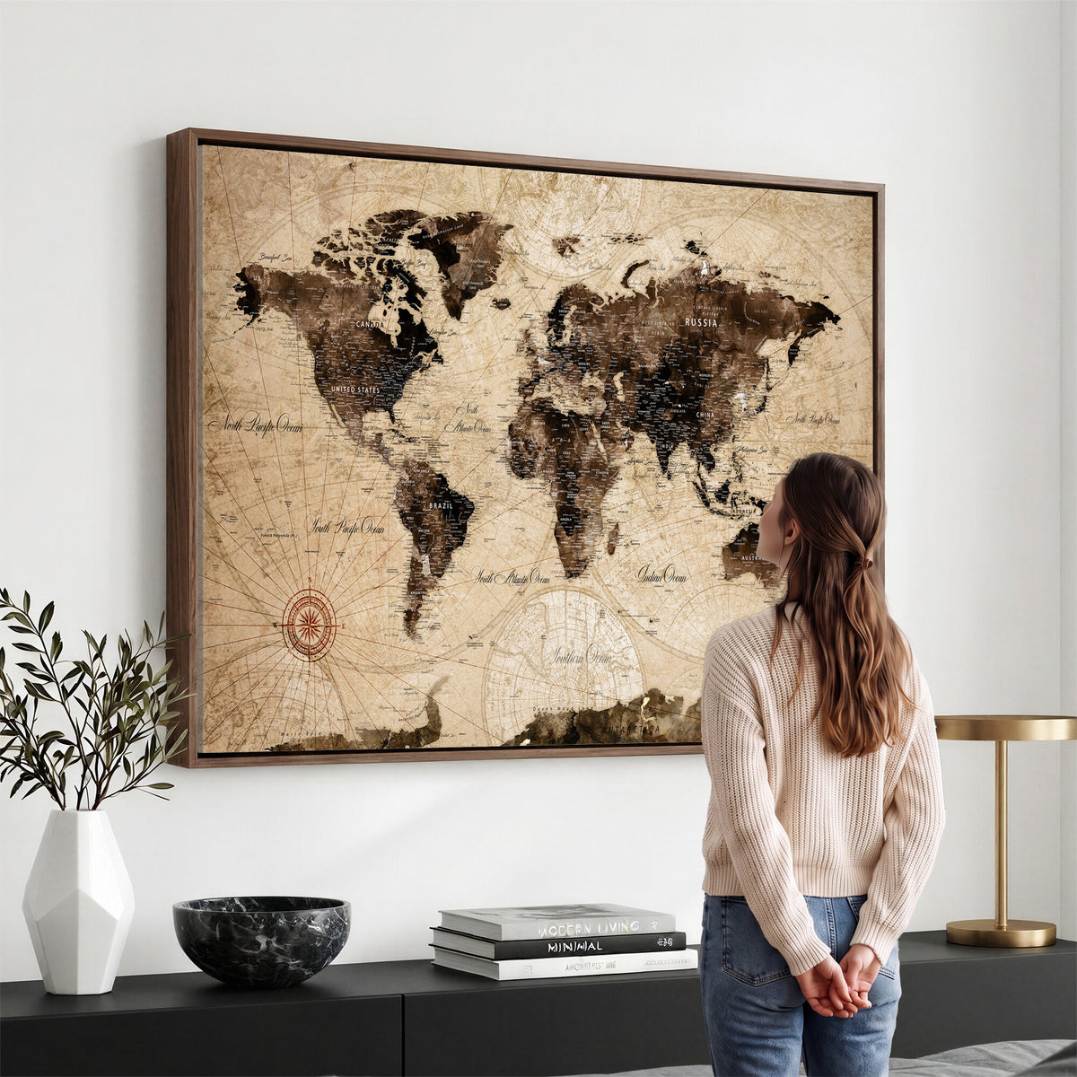 47657418-MGV-CV-36X24 - World Map Wall Art Canvas Print, Modern Decorative Framed Map Artwork Prints for Living Room, Office, Bedroom Wall Decor