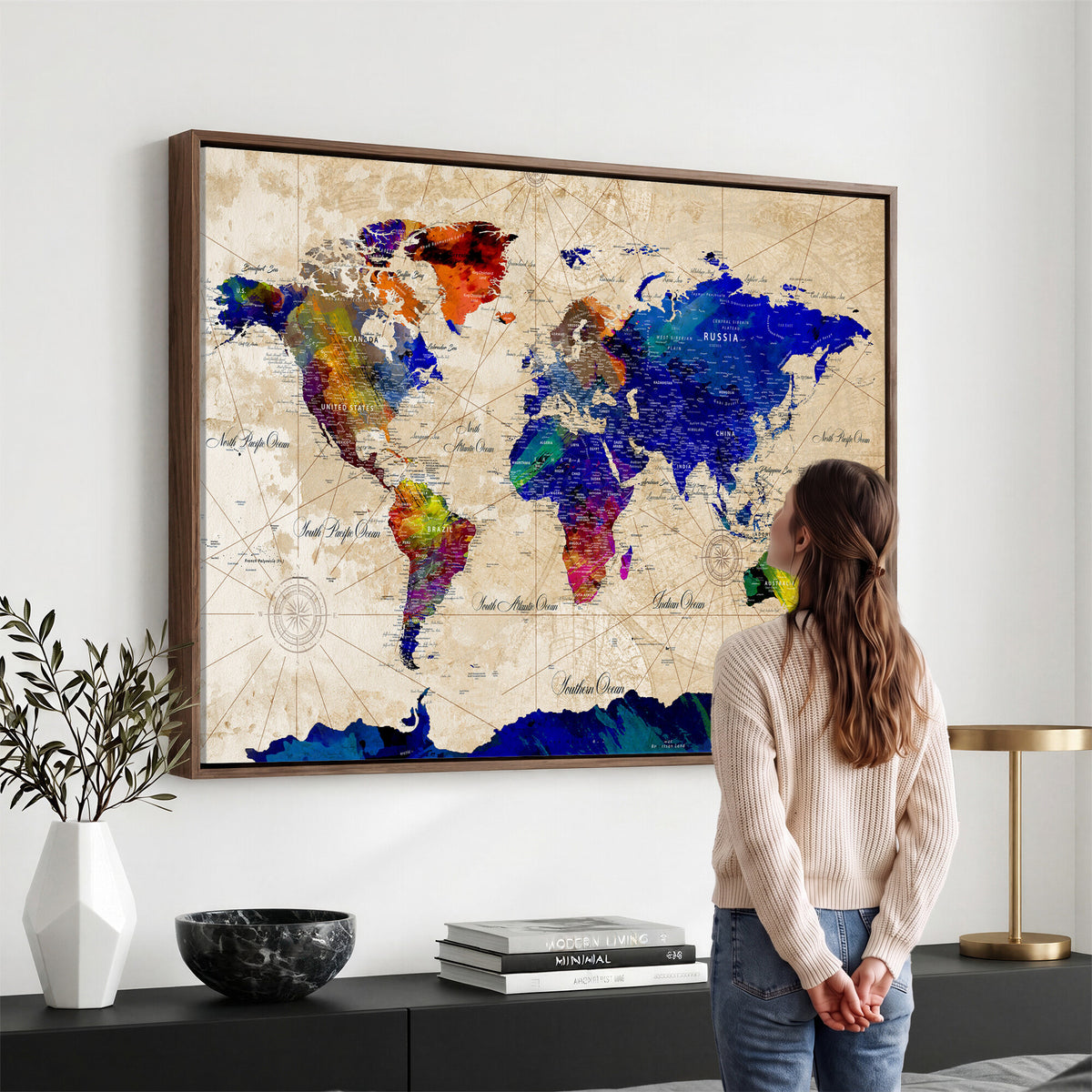 26284075-MGV-CV-36X24 - World Map Wall Art Canvas Print, Modern Decorative Framed Map Artwork Prints for Living Room, Office, Bedroom Wall Decor