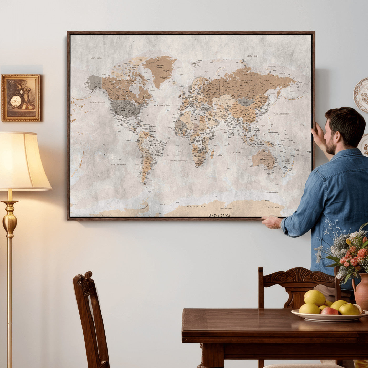 34051638-MGV-CV-36X24 - World Map Wall Art Canvas Print, Modern Decorative Framed Map Artwork Prints for Living Room, Office, Bedroom Wall Decor