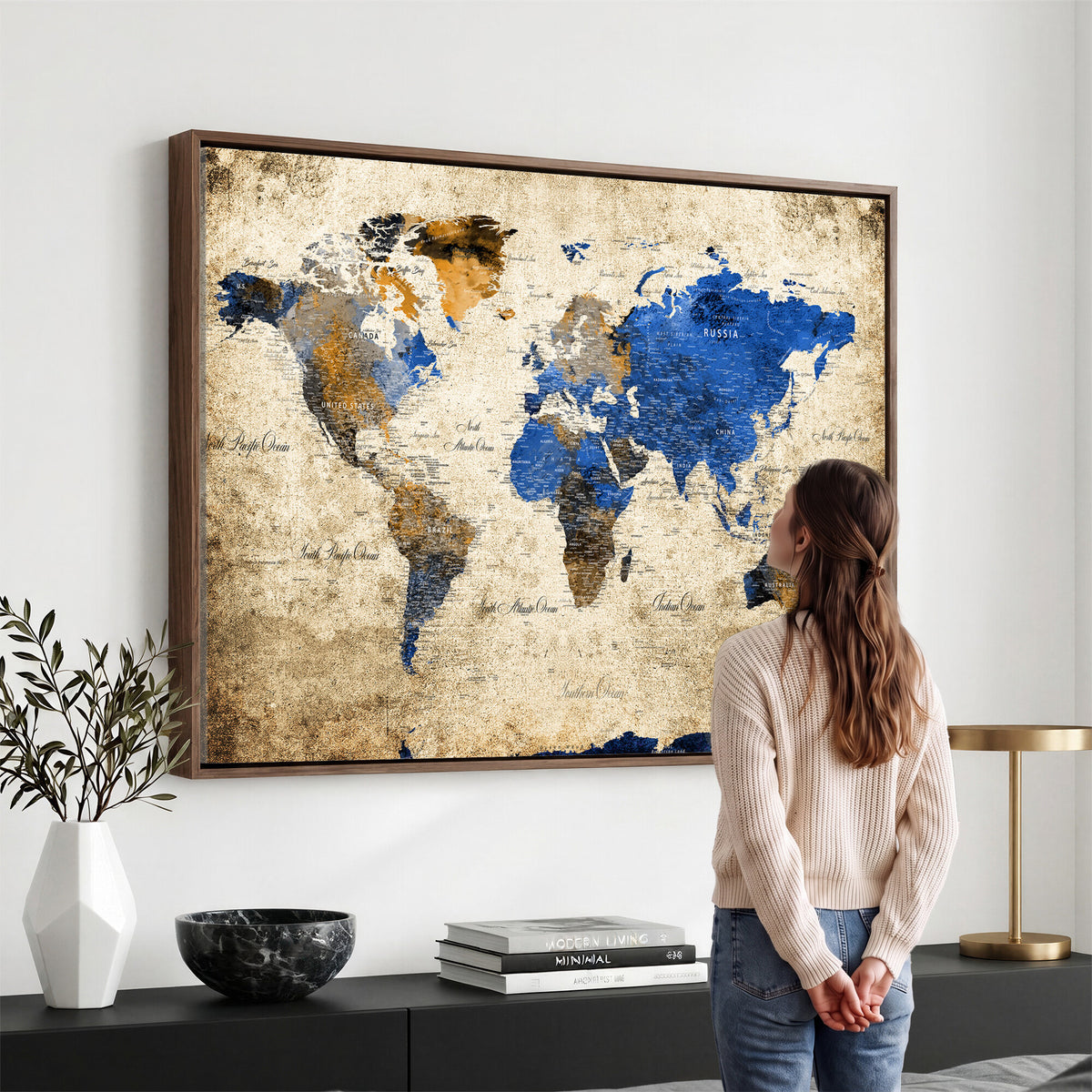 27314341-MGV-CV-36X24 - World Map Wall Art Canvas Print, Modern Decorative Framed Map Artwork Prints for Living Room, Office, Bedroom Wall Decor