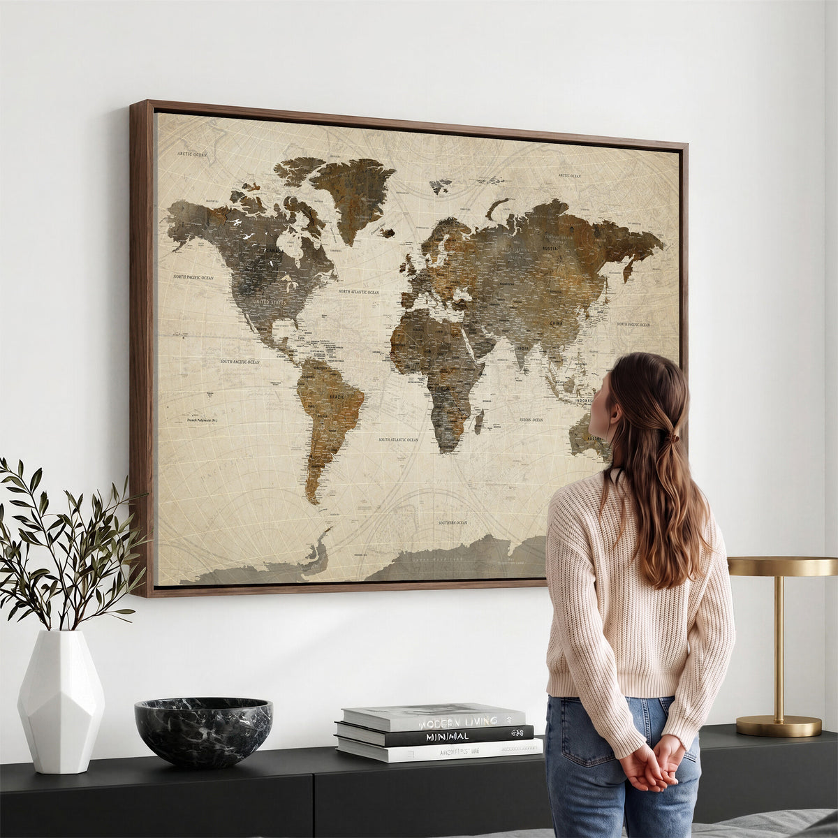 49623468-MGV-CV-36X24 - World Map Wall Art Canvas Print, Modern Decorative Framed Map Artwork Prints for Living Room, Office, Bedroom Wall Decor