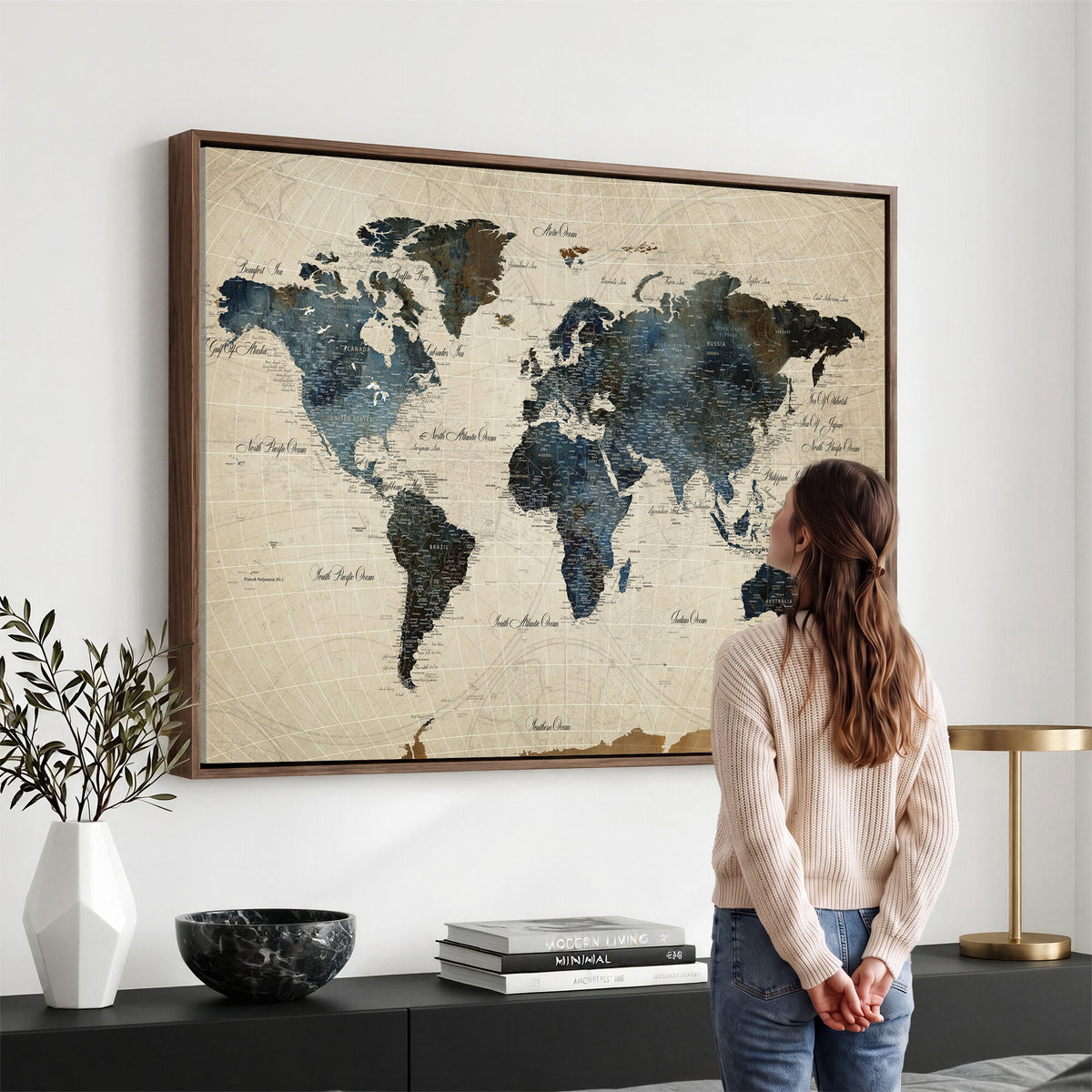 72927803-MGV-CV-36X24 - World Map Wall Art Canvas Print, Modern Decorative Framed Map Artwork Prints for Living Room, Office, Bedroom Wall Decor