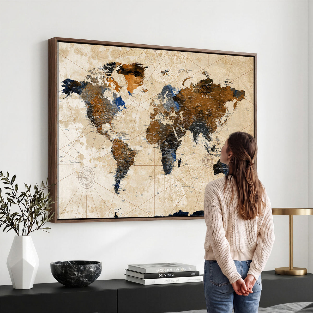 15727090-MGV-CV-36X24 - World Map Wall Art Canvas Print, Modern Decorative Framed Map Artwork Prints for Living Room, Office, Bedroom Wall Decor