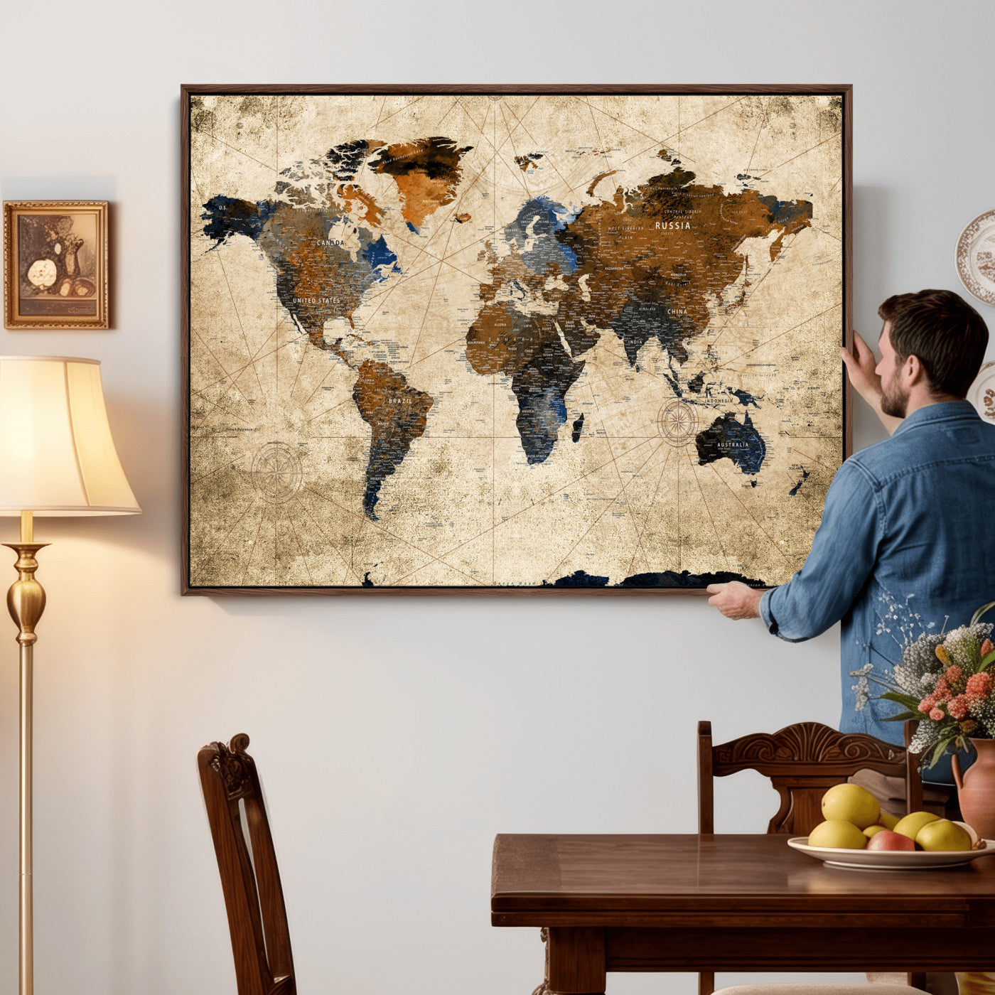 27163414-MGV-CV-36X24 - World Map Wall Art Canvas Print, Modern Decorative Framed Map Artwork Prints for Living Room, Office, Bedroom Wall Decor