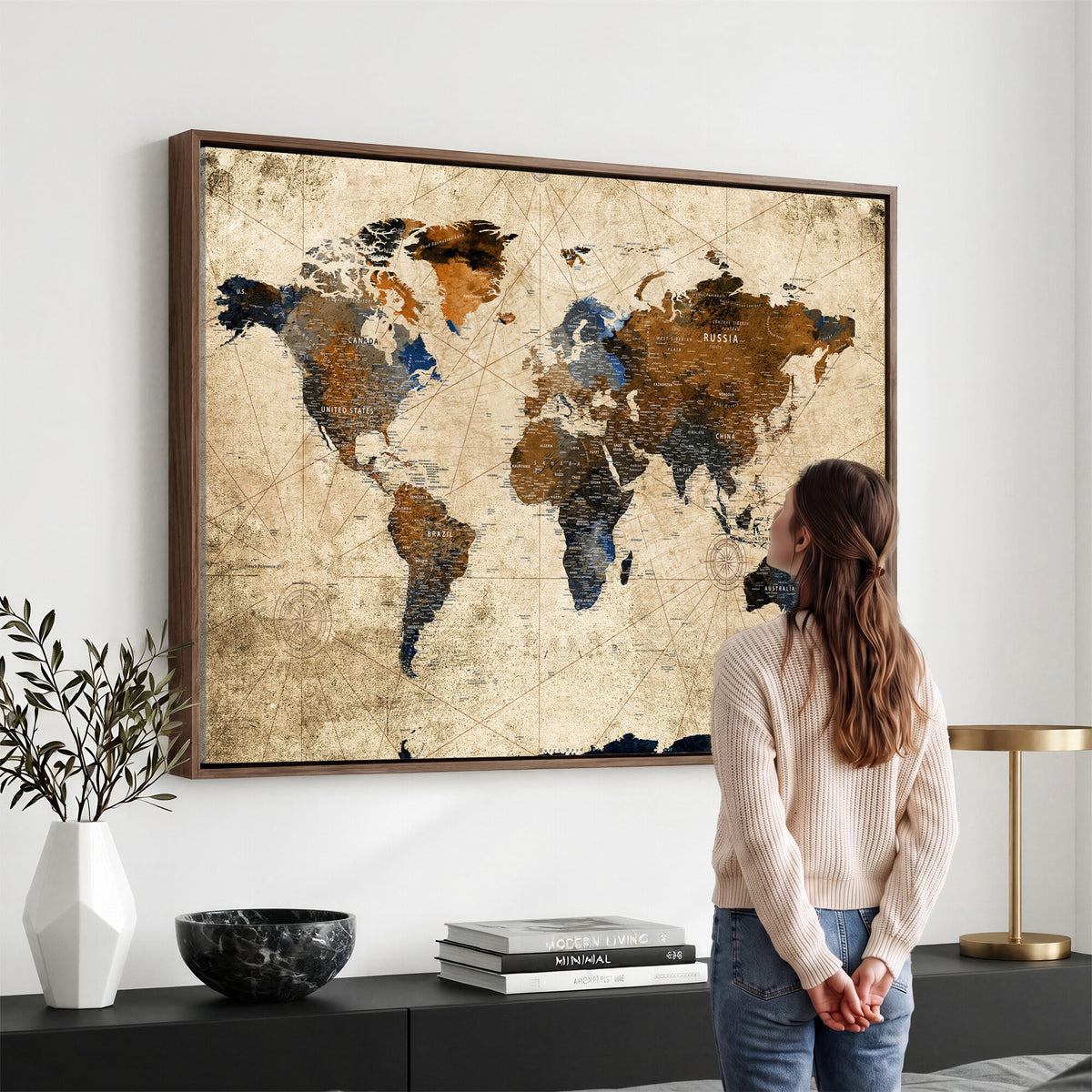 27163414-MGV-CV-36X24 - World Map Wall Art – Rustic Earth Tone Canvas Print, Antique