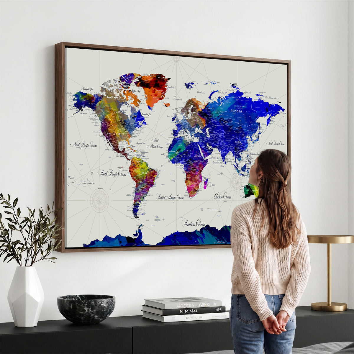 49670038-MGV-CV-36X24 - World Map Wall Art Canvas Print, Modern Decorative Framed Map Artwork Prints for Living Room, Office, Bedroom Wall Decor