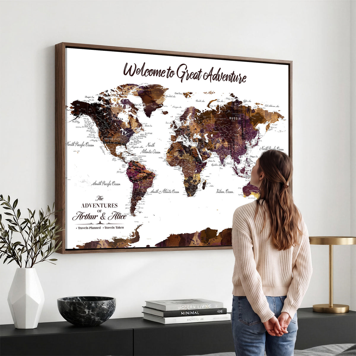 64110391125-MGV-CV-36X24 - Custom Push Pin World Map Wall Art Canvas Print | Personalized Travel Map