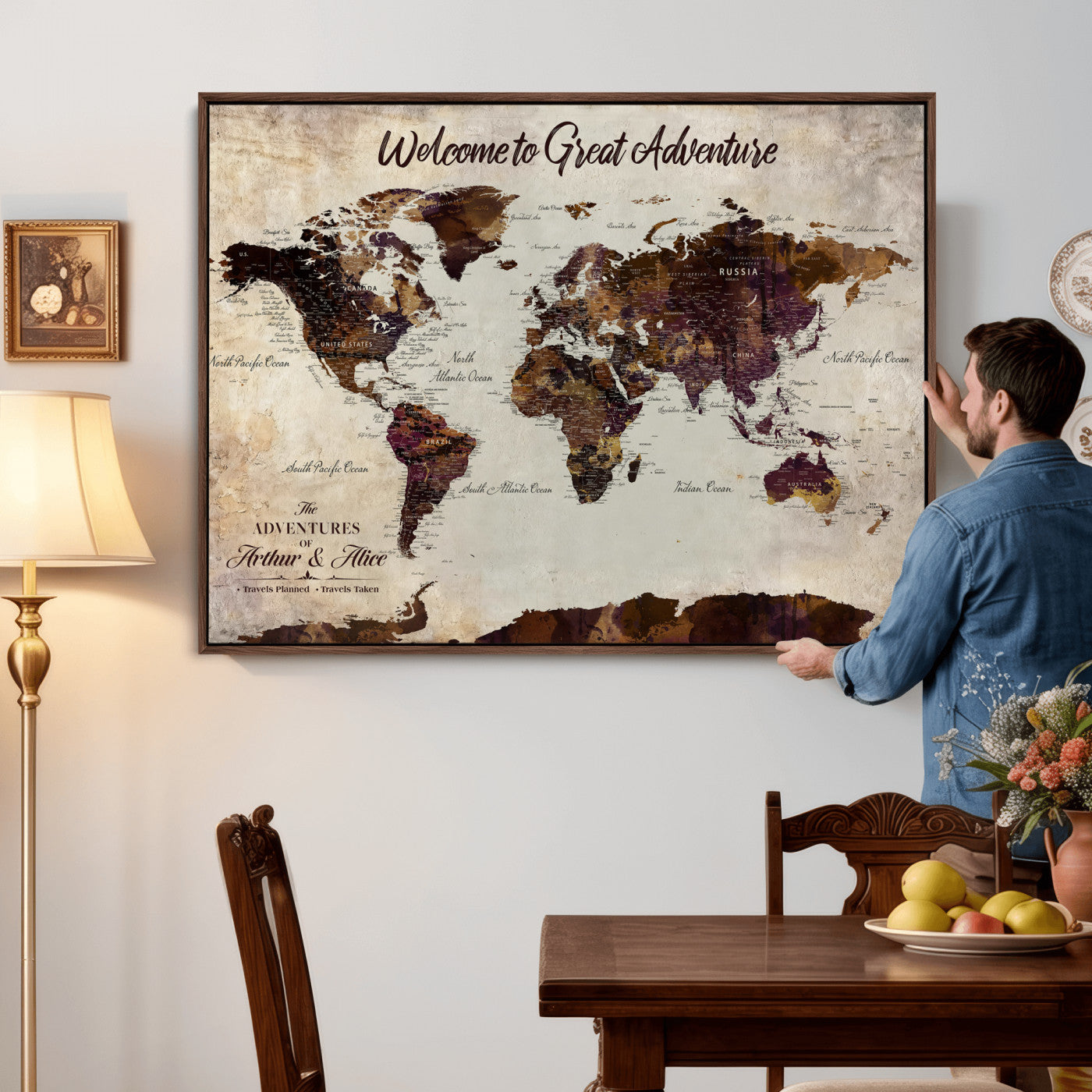 64110391126-MGV-CV-36X24-Custom Push Pin World Map Wall Art Canvas Print – Personalized Travel Tracker with Pins Framed Large for Home and Office Decor