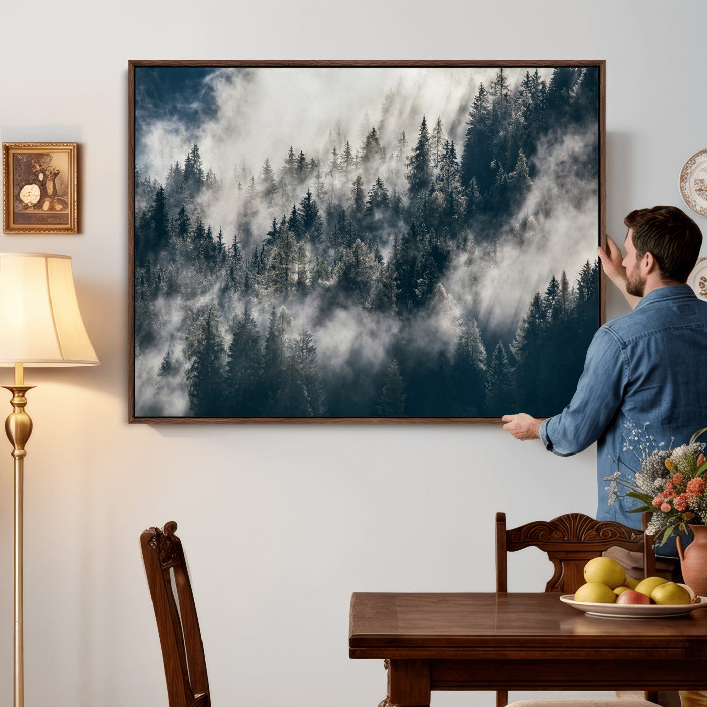 63405824-MGV-CV-36X24 - Foggy Mountain Forest Canvas Print, Misty Pine Trees Nature Wall Art, Framed Canvas Ready to Hang