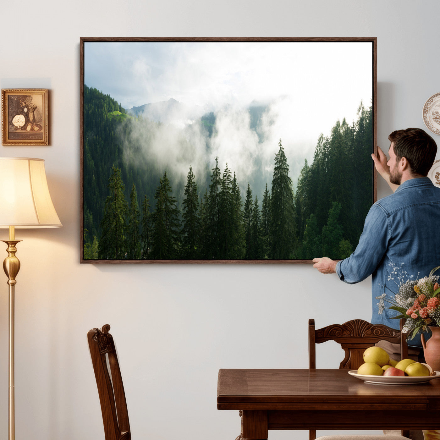 67174129-MGV-CV-36X24 - Misty Mountain Forest Canvas Print, Foggy Pine Trees Nature Wall Art, Framed Canvas Ready to Hang