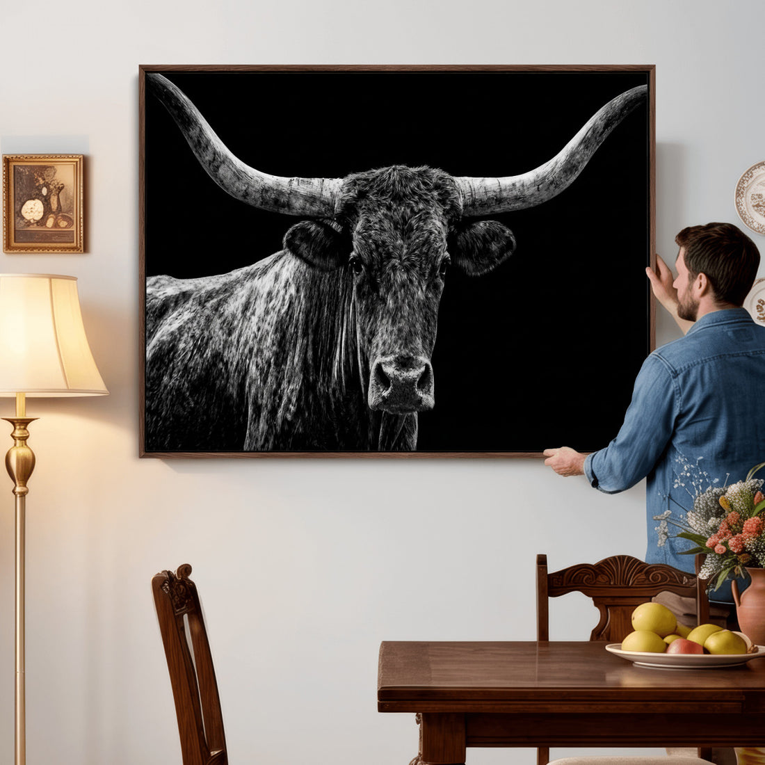Vintage Texas Longhorn Bull Wall Art Canvas Print, Texas Cow Portrait