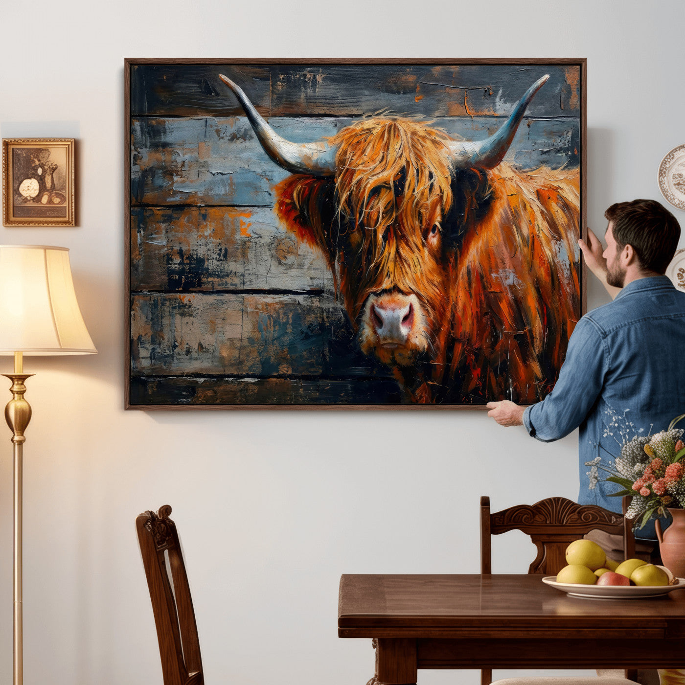 90271423-MGV-CV-36X24 - Highland Cow Wall Art Canvas Print, Abstract Rustic Farm Animal Wall Art Print, Framed Wall Art Ready to Hang