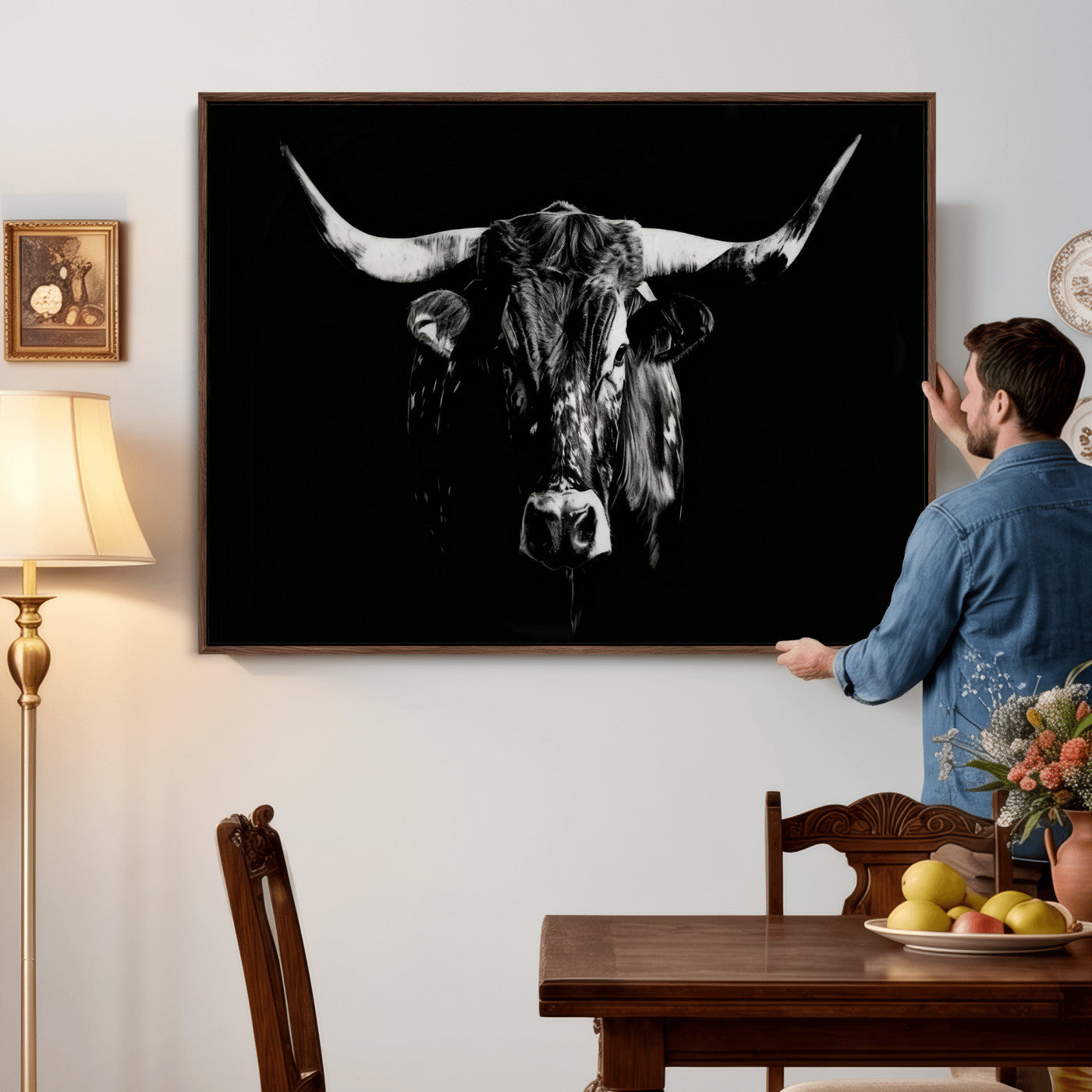 21436434-MGV-CV-36X24 - Black Bull Wall Art Canvas Print, Dark Longhorn Portrait Photography, Framed Wall Art Ready to Hang
