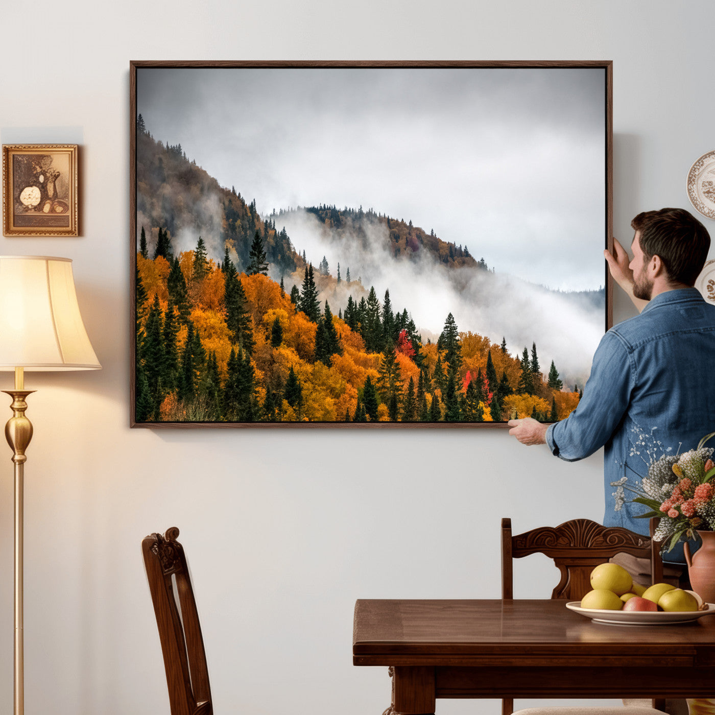 93581632-MGV-CV-36X24 - Autumn Forest Wall Art Canvas Print, Foggy Mountain Landscape Nature Photography, Framed Wall Art Ready to Hang