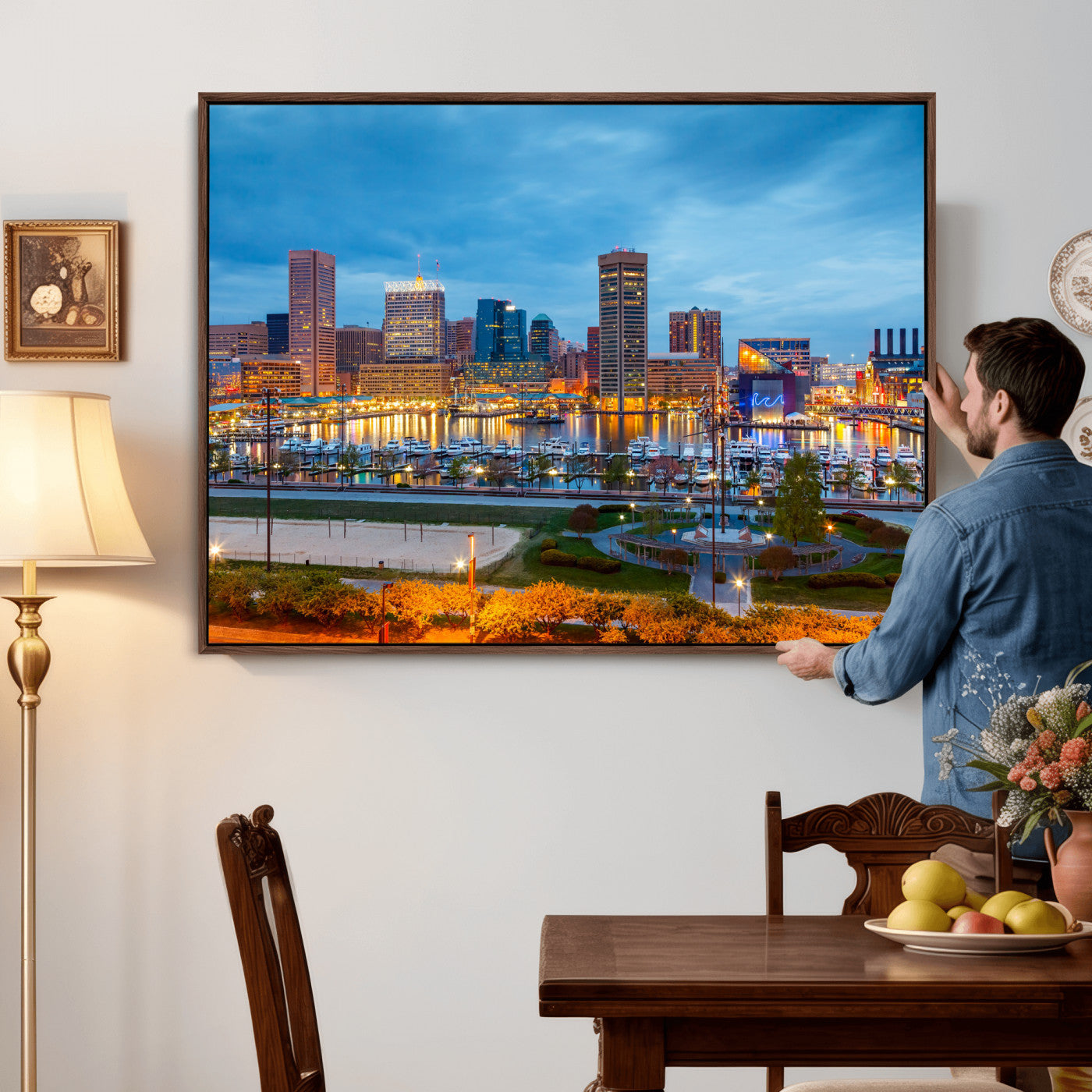 78635089-MGV-CV-36X24 - Baltimore Skyline Wall Art Canvas Print, Baltimore Downtown Night Cityscape Print for Modern Urban Wall Decor