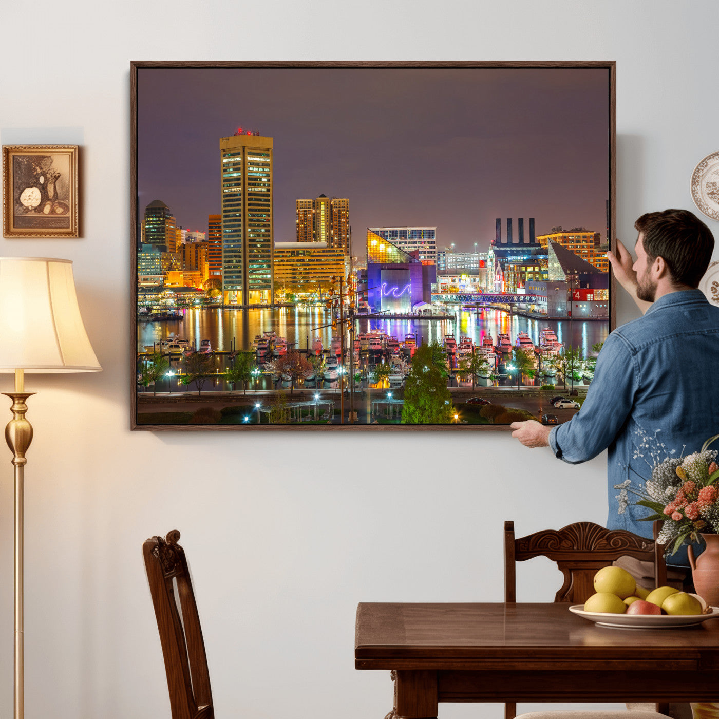 42654823-MGV-CV-36X24 - Baltimore Skyline Wall Art Canvas Print, Baltimore Downtown Night Cityscape Print for Modern Urban Wall Decor