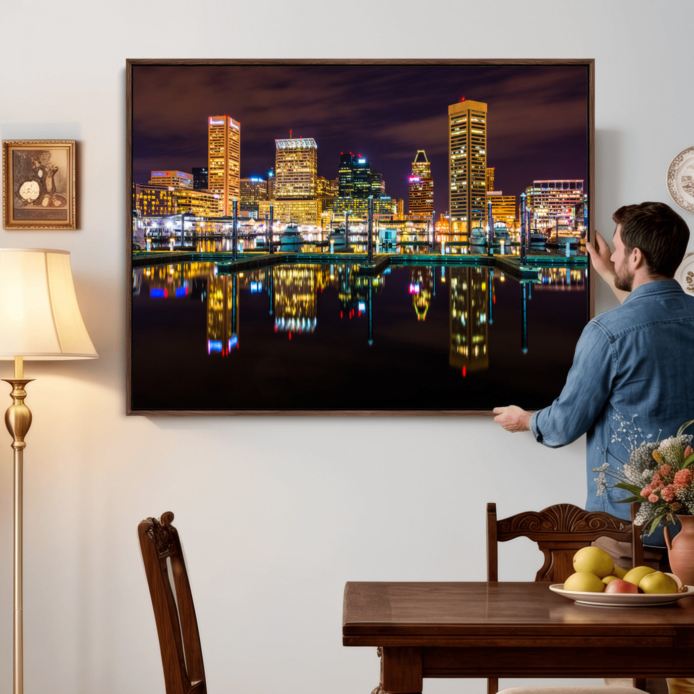 38201692-MGV-CV-36X24 - Baltimore Skyline Wall Art Canvas Print, Baltimore Downtown Night Cityscape Print for Modern Urban Wall Decor