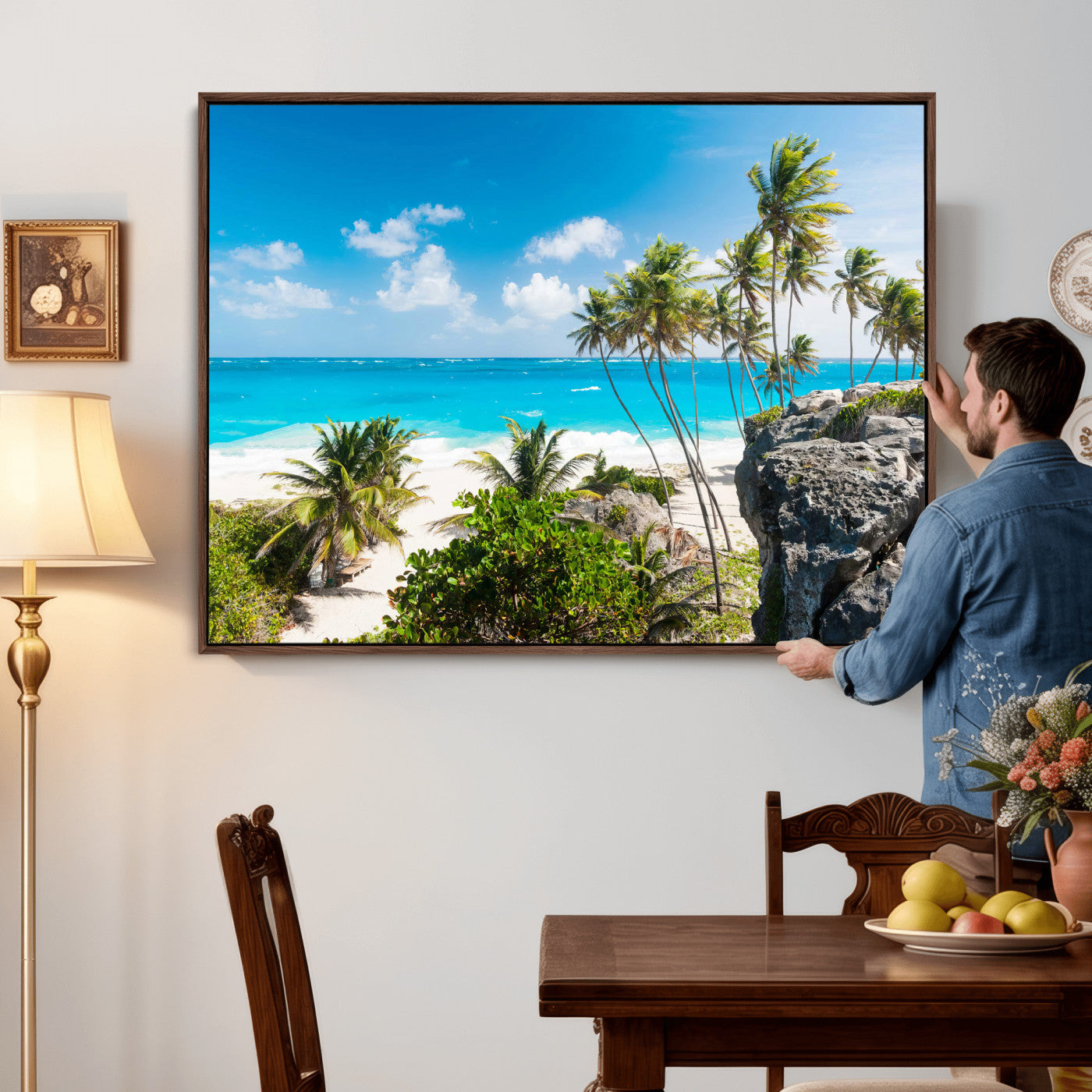 79995168-MGV-CV-36X24 - Barbados Beach Wall Art Canvas Print, Palm Tree Ocean Landscape, Turquoise Sea Coastal Photography, Tropical Island Wall Decor, Framed Ready to Hang