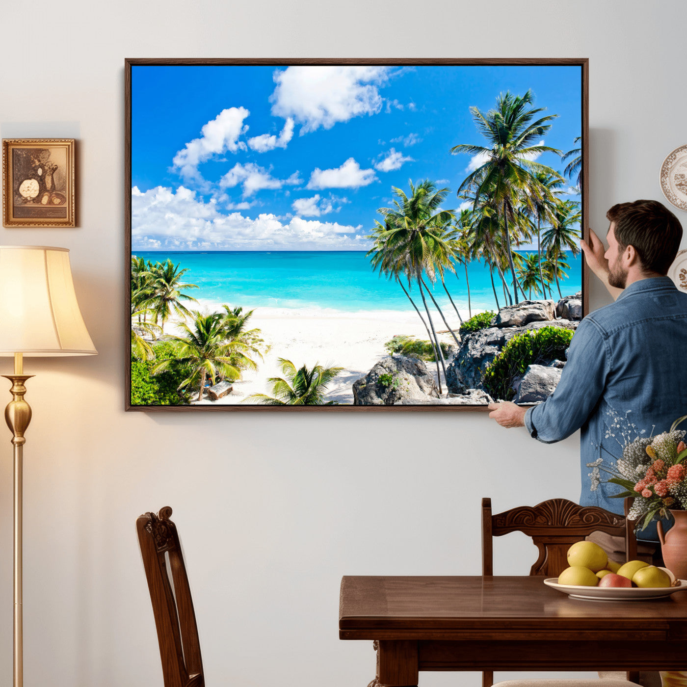 29232878-MGV-CV-36X24 - Barbados Beach Wall Art Canvas Print, Palm Tree Ocean Landscape, Turquoise Sea Coastal Photography, Tropical Island Wall Decor, Framed Ready to Hang