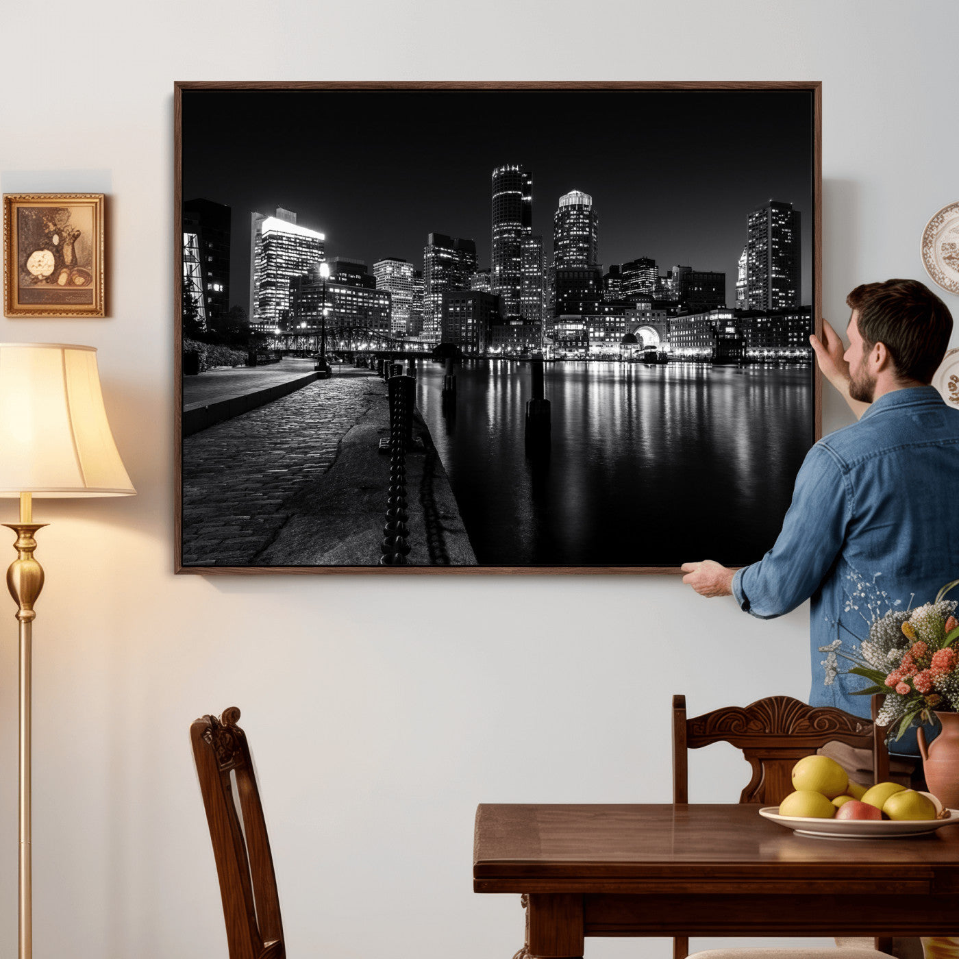 53082656-MGV-CV-36X24 - Boston Wall Art Canvas Print, Boston City Downtown Night Cityscape Print for Modern Urban Wall Decor