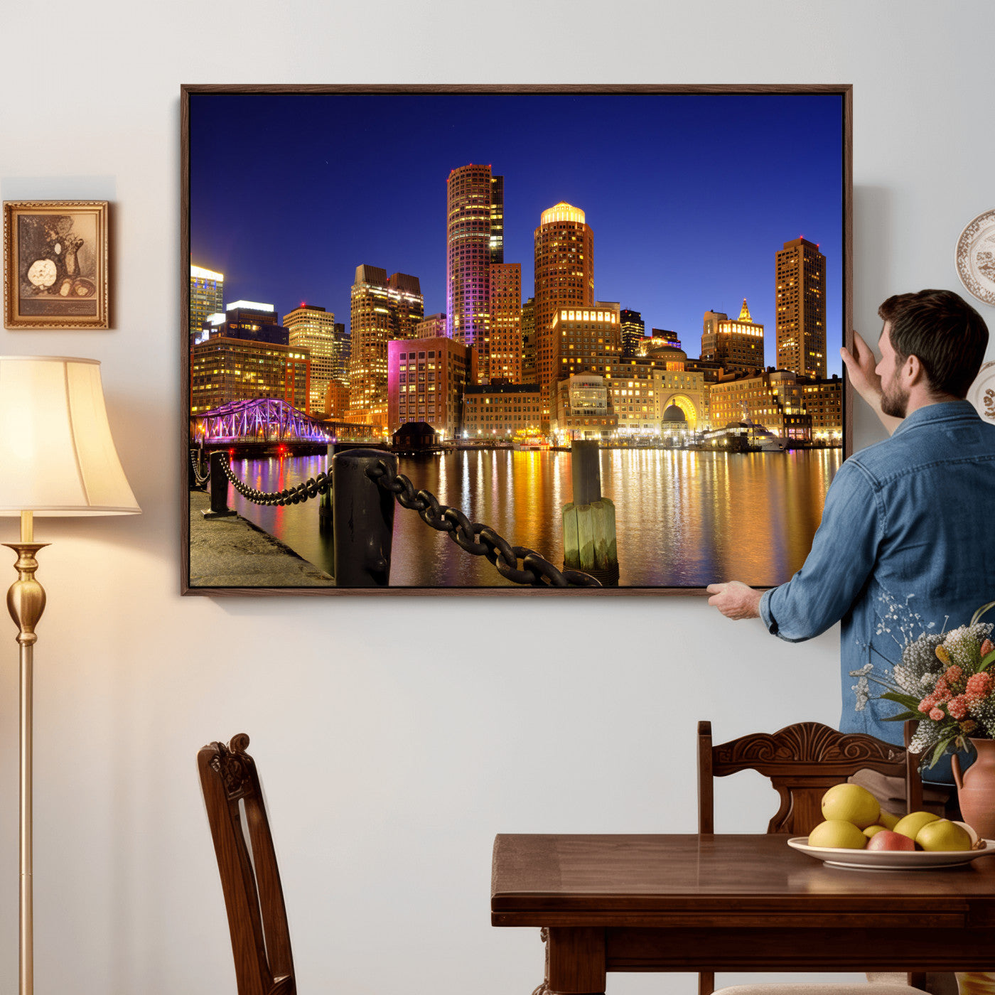 56611117-MGV-CV-36X24 - Boston Wall Art Canvas Print, Boston City Downtown Night Cityscape Print for Modern Urban Wall Decor