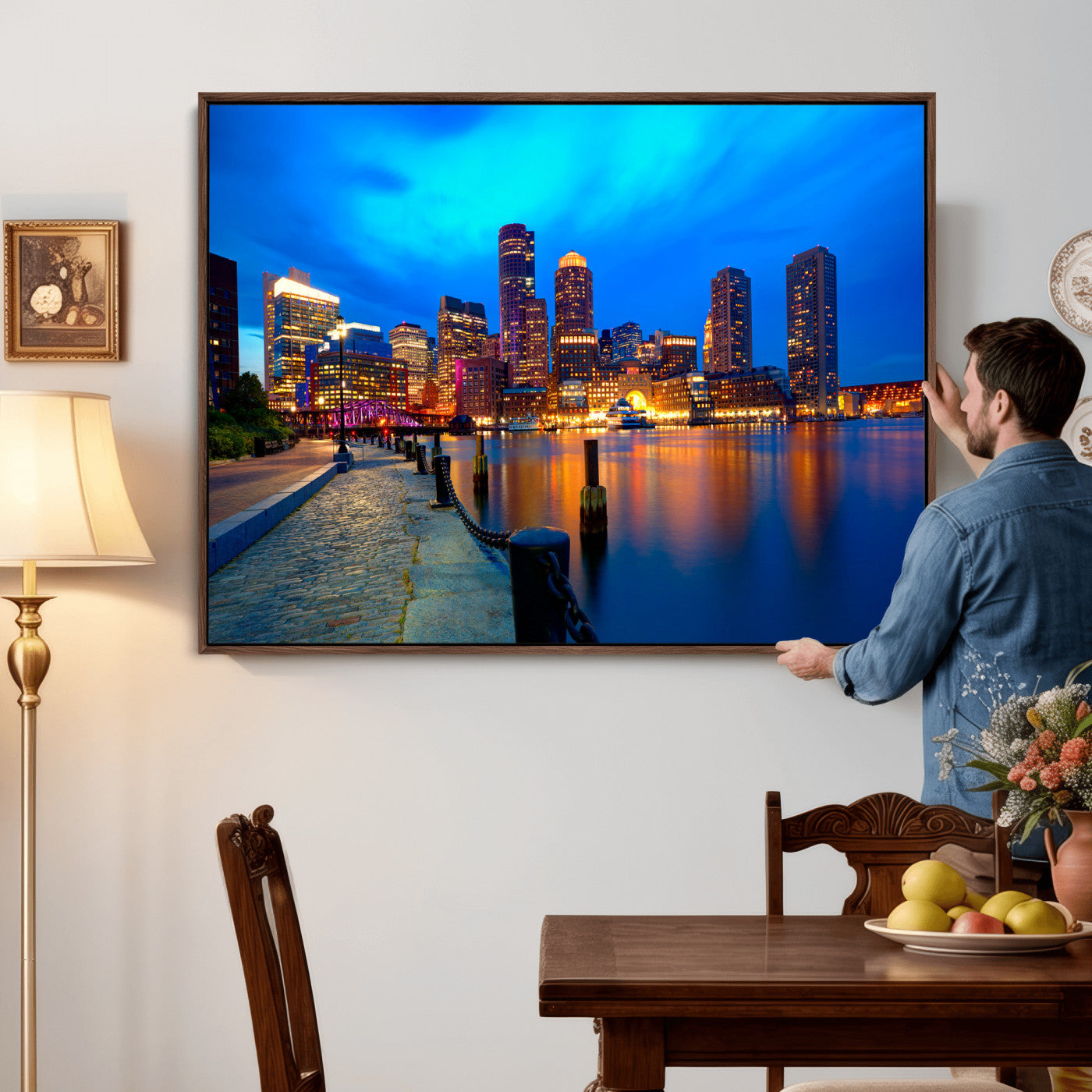 69619565-MGV-CV-36X24 - Boston Wall Art Canvas Print, Boston City Downtown Night Cityscape Print for Modern Urban Wall Decor