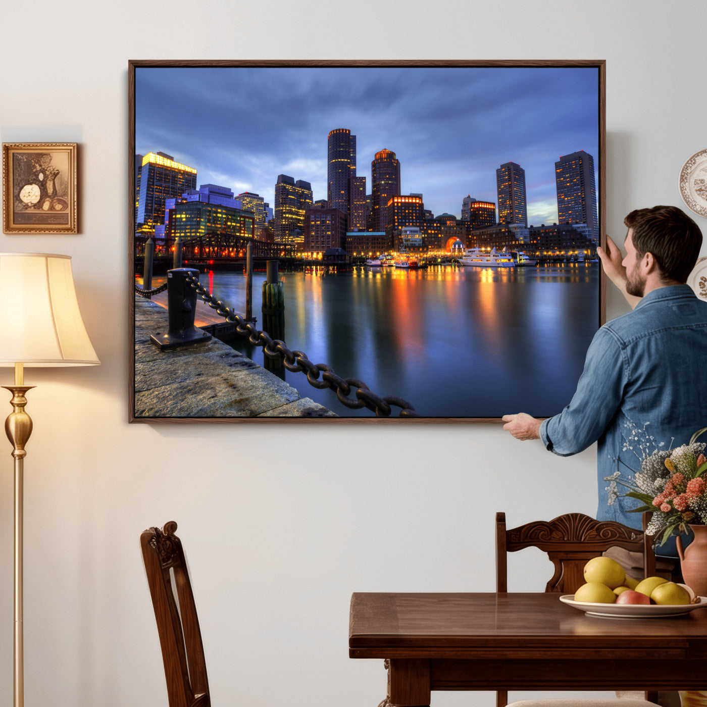 82439622-MGV-CV-36X24 - Boston Wall Art Canvas Print, Boston City Downtown Night Cityscape Print for Modern Urban Wall Decor