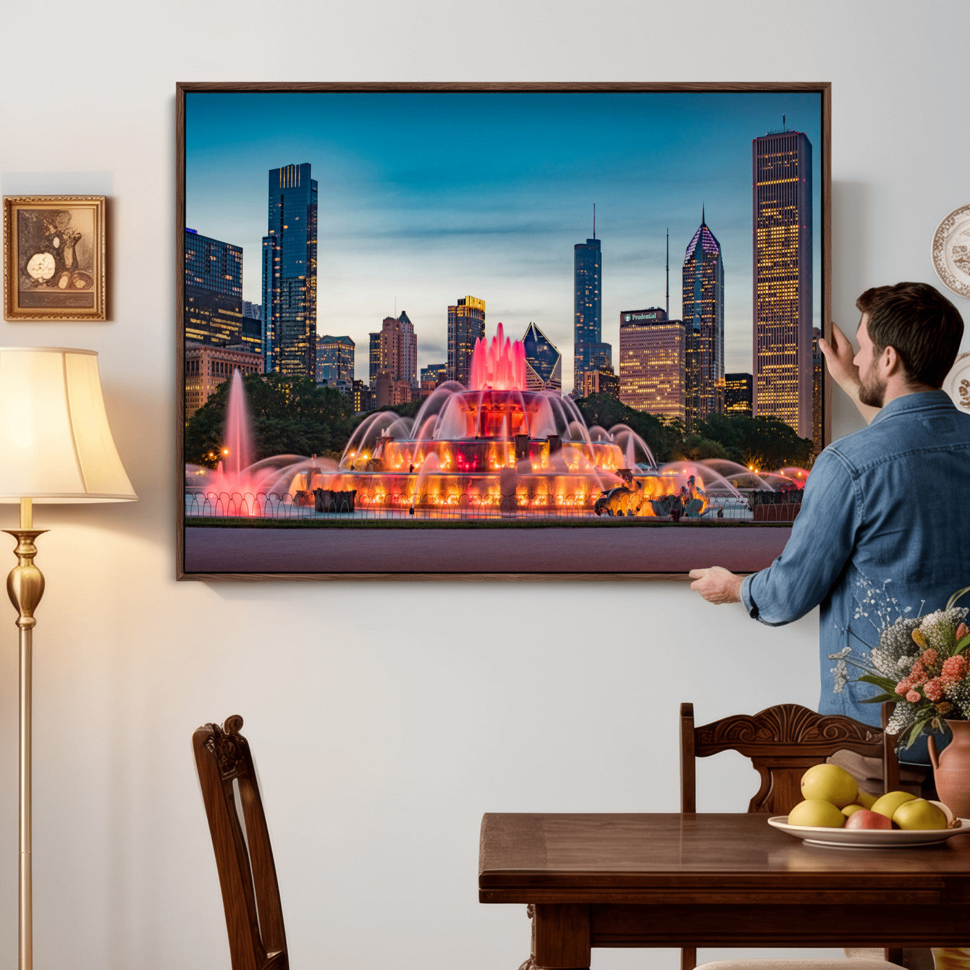 46805285-MGV-CV-36X24 - Chicago Wall Art Canvas Print, Chicago City Downtown Night Cityscape Print for Modern Urban Wall Decor