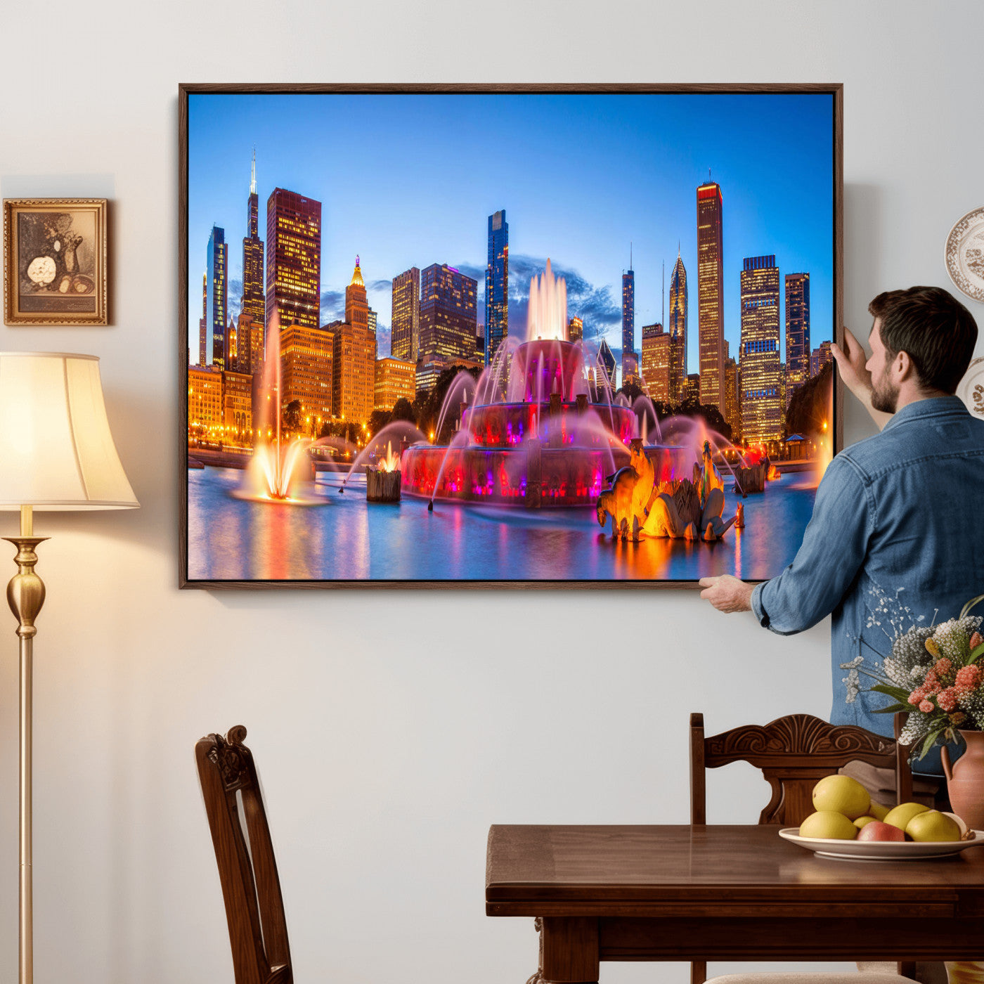 20251989-MGV-CV-36X24 - Chicago Wall Art Canvas Print, Chicago City Downtown Night Cityscape Print for Modern Urban Wall Decor