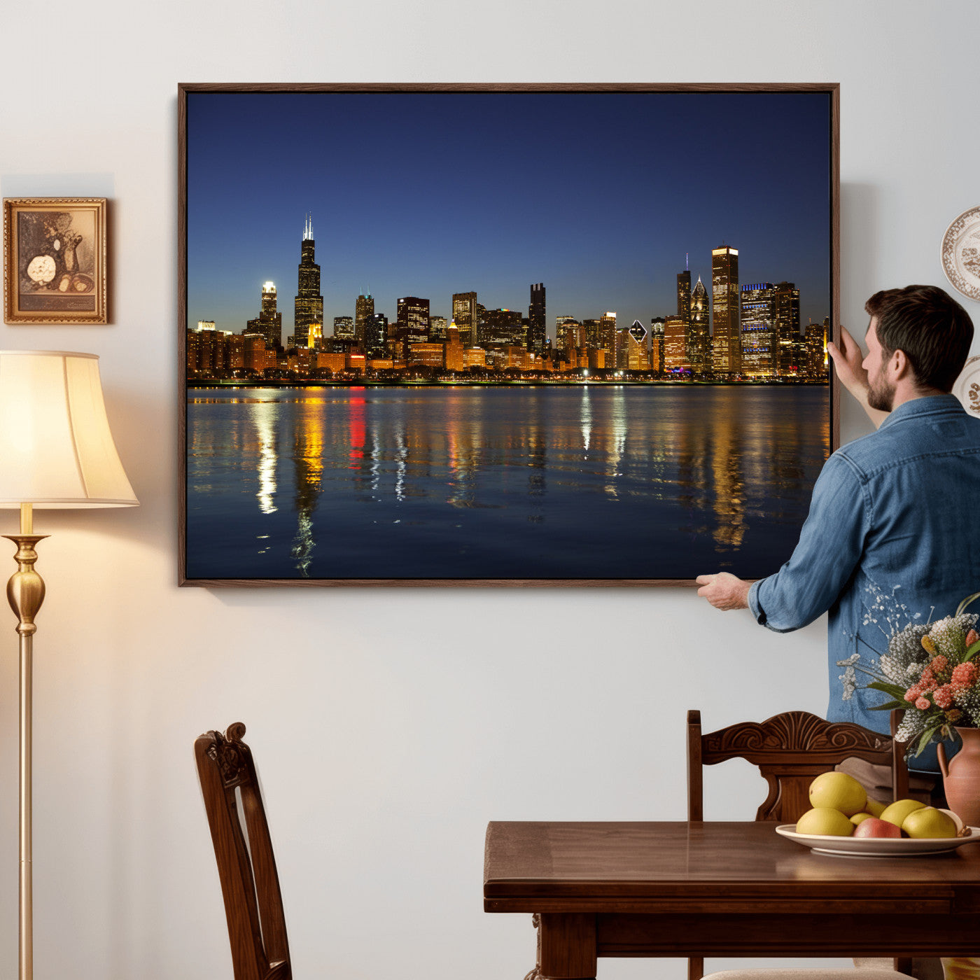 67308035-MGV-CV-36X24 - Chicago Wall Art Canvas Print, Chicago City Downtown Night Cityscape Print for Modern Urban Wall Decor
