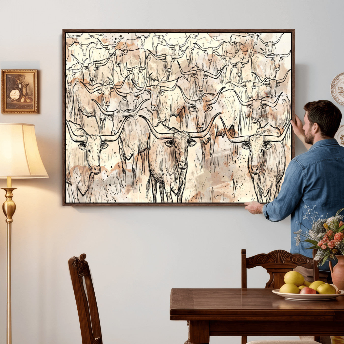 94055403-MGV-CV-36X24 - Farmhouse Animals Wall Art Canvas Print - Abstract Farm Animal Drawing Mid-Century Wall Art for Cabin Decor