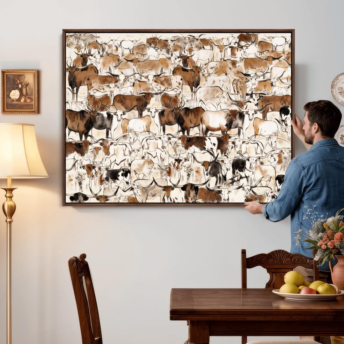 Large Longhorn Wall Art Canvas Print, Abstract Cow Animal Drawing, Mid-Century Cabin Decor