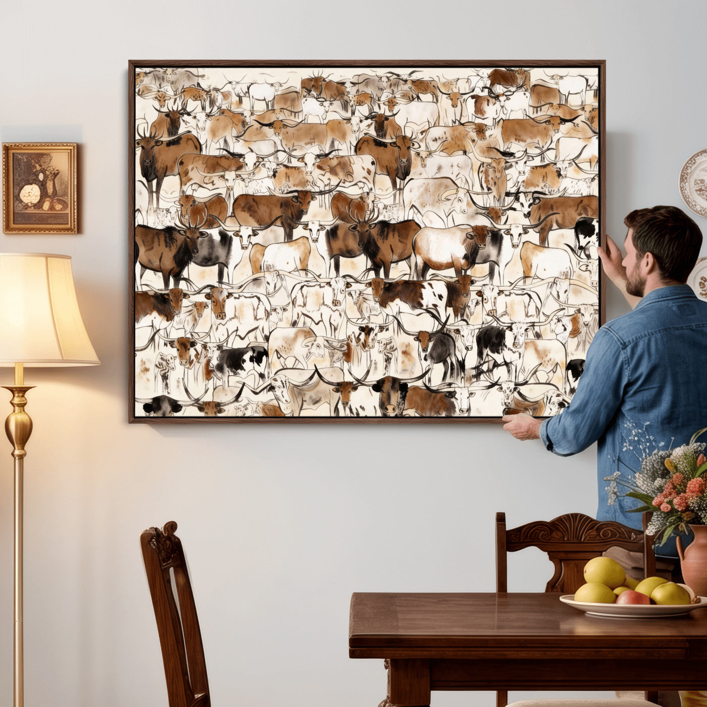 81416572-MGV-CV-36X24 - Farmhouse Animals Wall Art Canvas Print - Abstract Farm Animal Drawing Mid-Century Wall Art for Cabin Decor