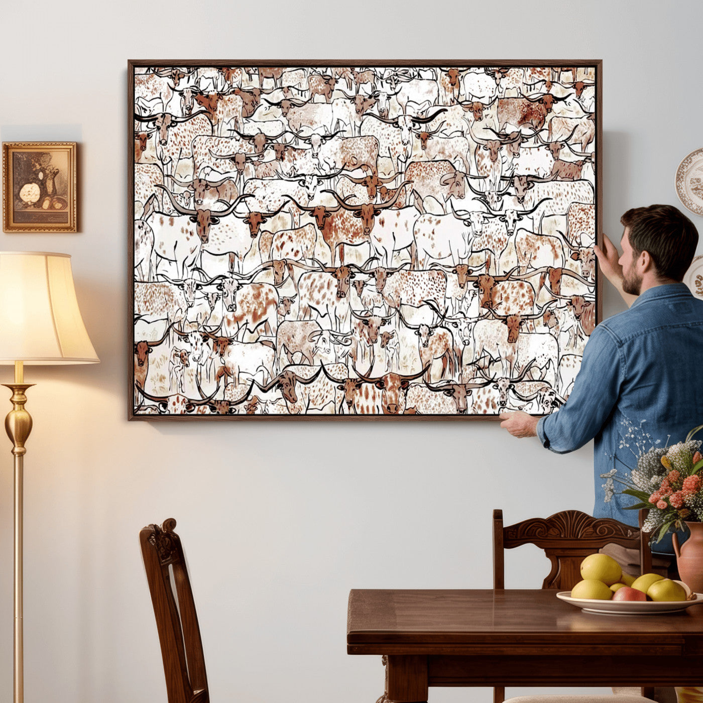 71869761-MGV-CV-36X24 - Farmhouse Animals Wall Art Canvas Print - Abstract Farm Animal Drawing Mid-Century Wall Art for Cabin Decor