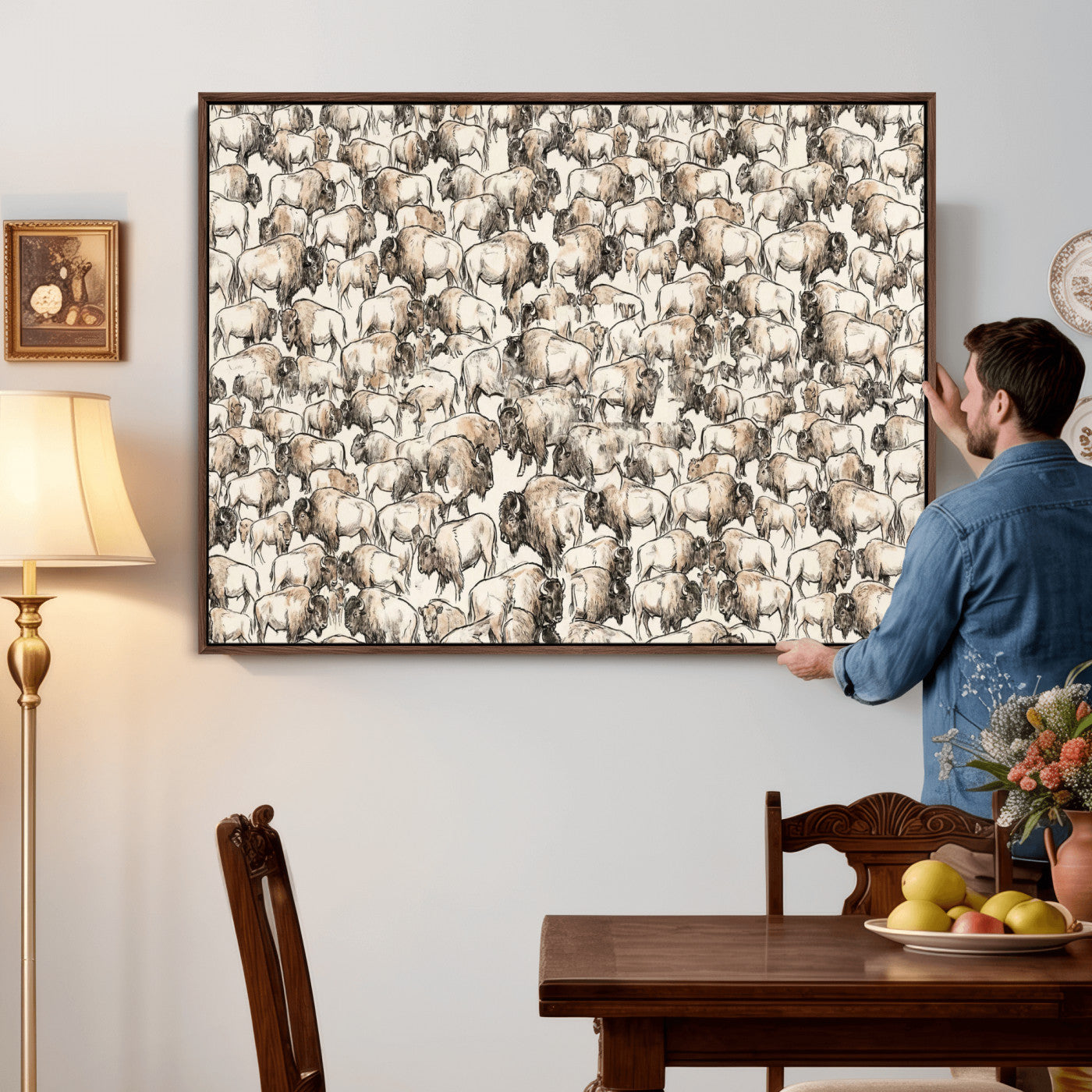 77502929-MGV-CV-36X24 - Farmhouse Animals Wall Art Canvas Print - Abstract Farm Animal Drawing Mid-Century Wall Art for Cabin Decor