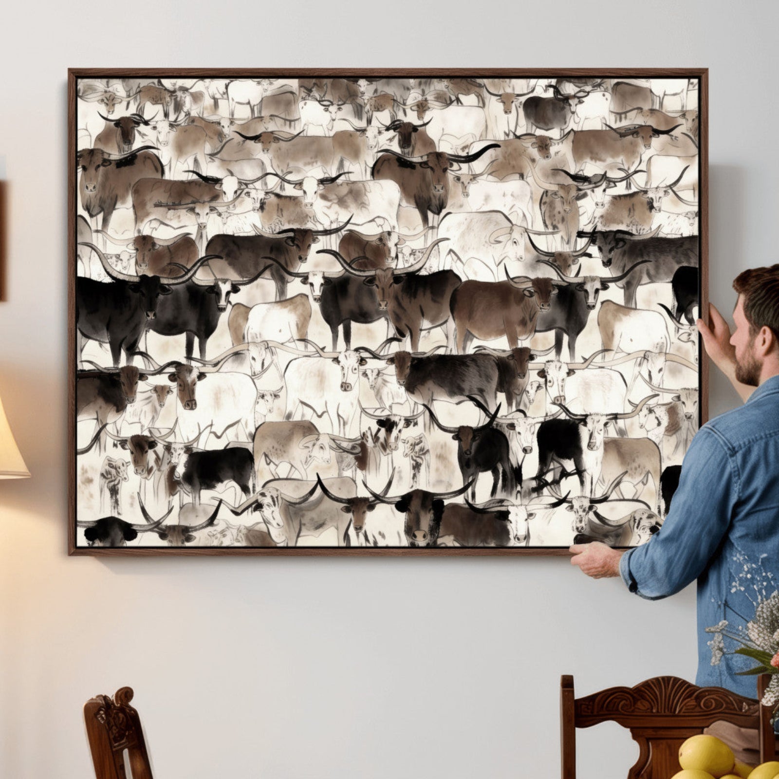 46084312-MGV-CV-36X24 - Farmhouse Animals Wall Art Canvas Print - Abstract Farm Animal Drawing Mid-Century Wall Art for Cabin Decor