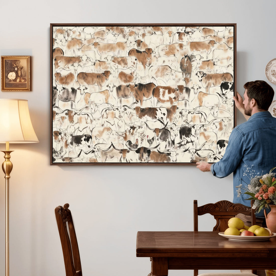 Farmhouse Longhorn Wall Art Canvas Print, Abstract Farm Animal Drawing for Home Decor