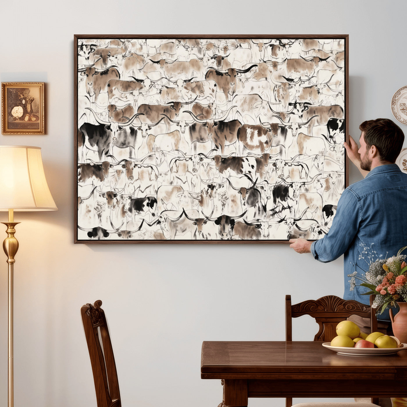 66685375-MGV-CV-36X24 - Farmhouse Animals Wall Art Canvas Print - Abstract Farm Animal Drawing Mid-Century Wall Art for Cabin Decor