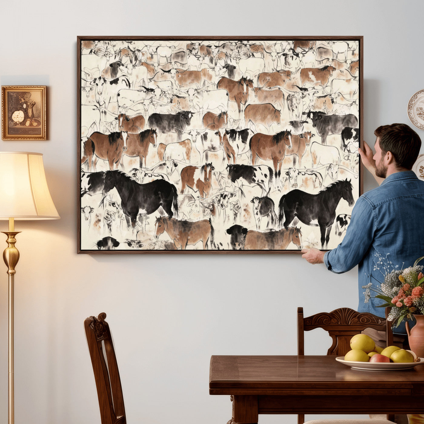 74171578-MGV-CV-36X24 - Farmhouse Animals Wall Art Canvas Print - Abstract Farm Animal Drawing Mid-Century Wall Art for Cabin Decor