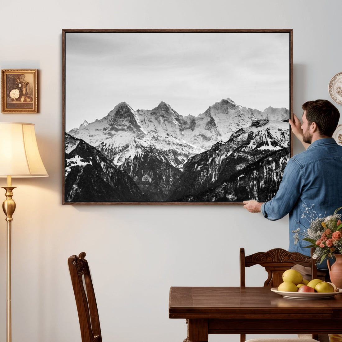 Black and White Mountain Wall Art Canvas Print, Snowy Alpine Peaks Minimal Landscape Photography