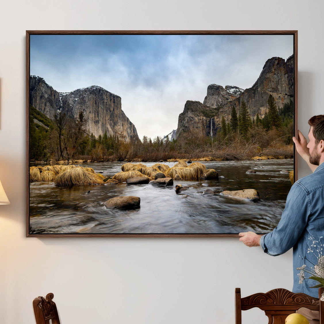 20458404-MGV-CV-36X24 - Yosemite Valley Mountain Landscape Wall Art Canvas Print, Granite Cliff Forest Valley Canvas Print, California National Park Scenic Art Printing
