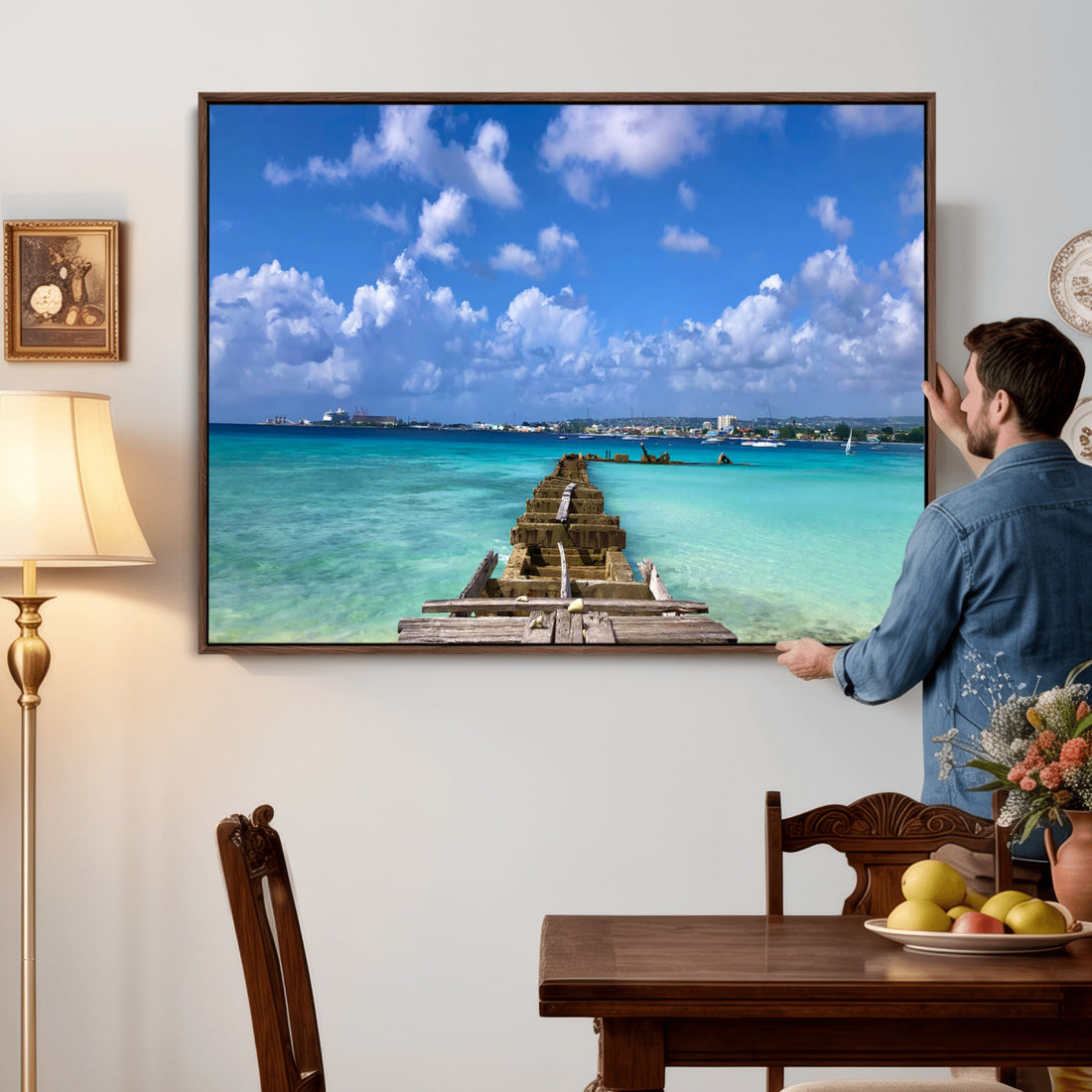 Caribbean Ocean Pier Seascape Wall Art Canvas Print, Turquoise Tropical Harbor