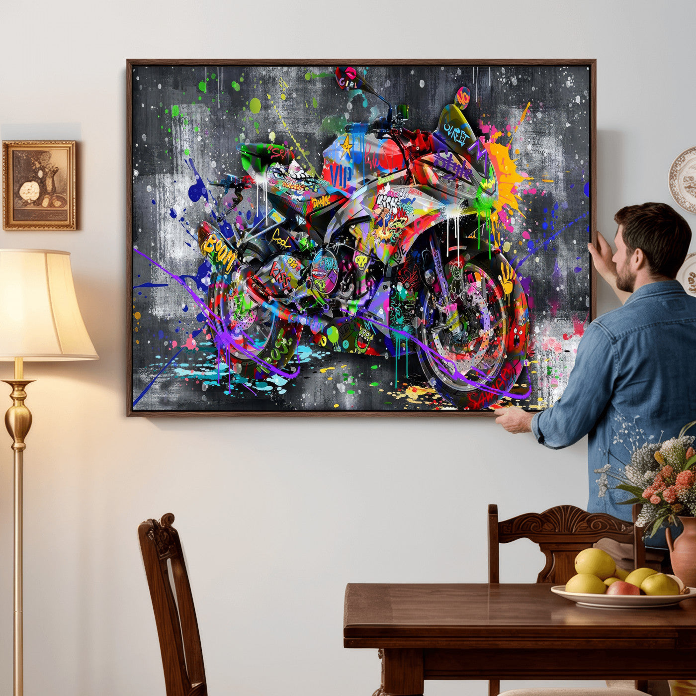 83021767-MGV-CV-36X24 - Graffiti Motorcycle Wall Art Canvas Print, Urban Street Art Motorbike Decor, Colorful Graffiti Sports Bike Artwork