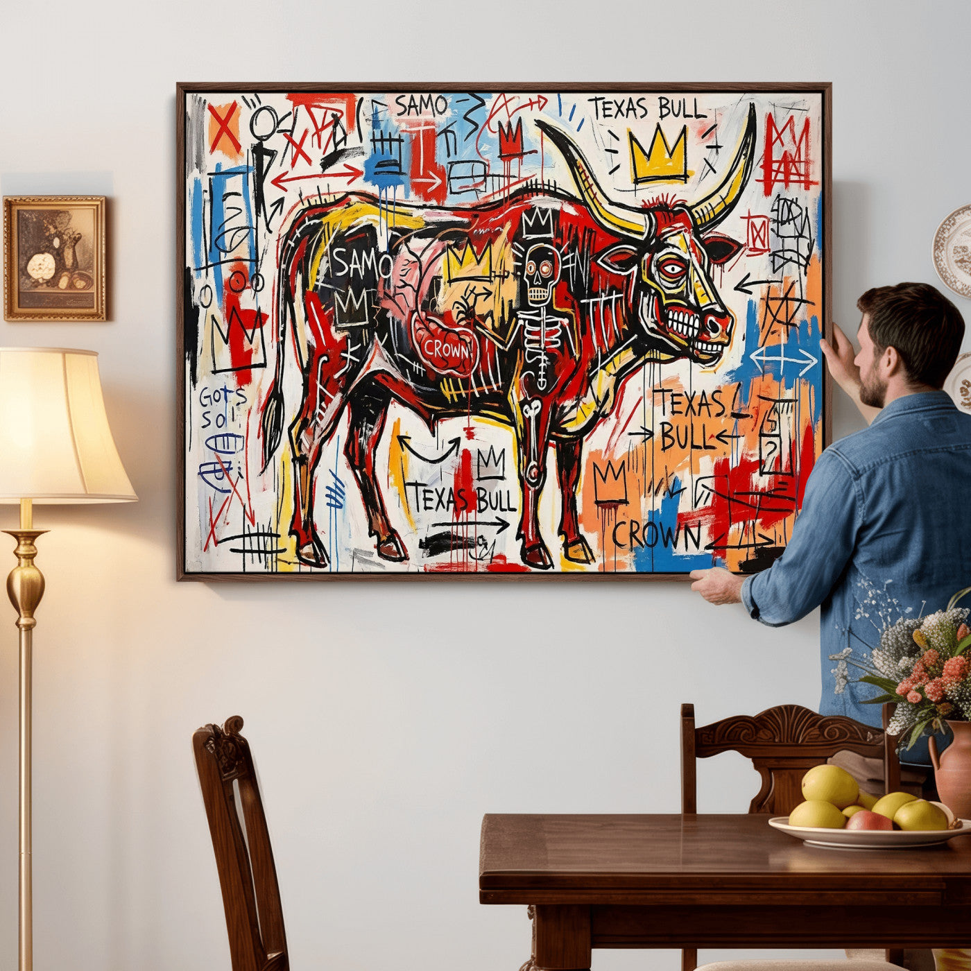 89504579-MGV-CV-36X24 - TITLE: Texas Bull Wall Art Canvas Print, Abstract Graffiti Bull Painting, Western Animal Art, Modern Ranch Decor