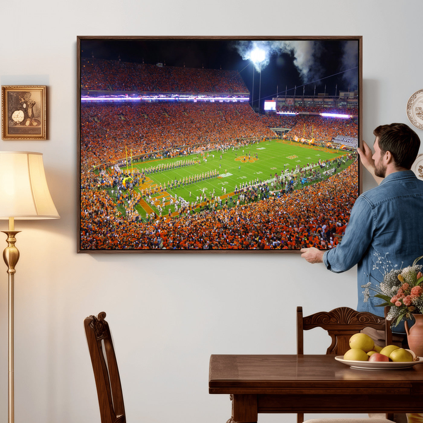 43662631-MGV-CV-36X24 - Clemson Football Stadium Wall Art Canvas Print, College Football Crowd Night Game Scene, Orange Stadium Panorama Wall Decor