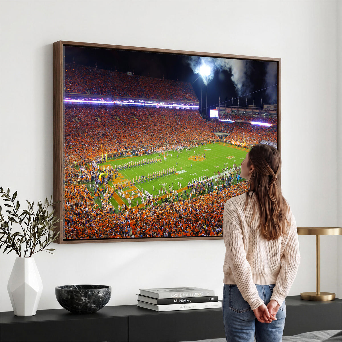 43662631-MGV-CV-36X24 - Clemson Football Stadium Wall Art Canvas Print, College Football Crowd Night Game Scene, Orange Stadium Panorama Wall Decor