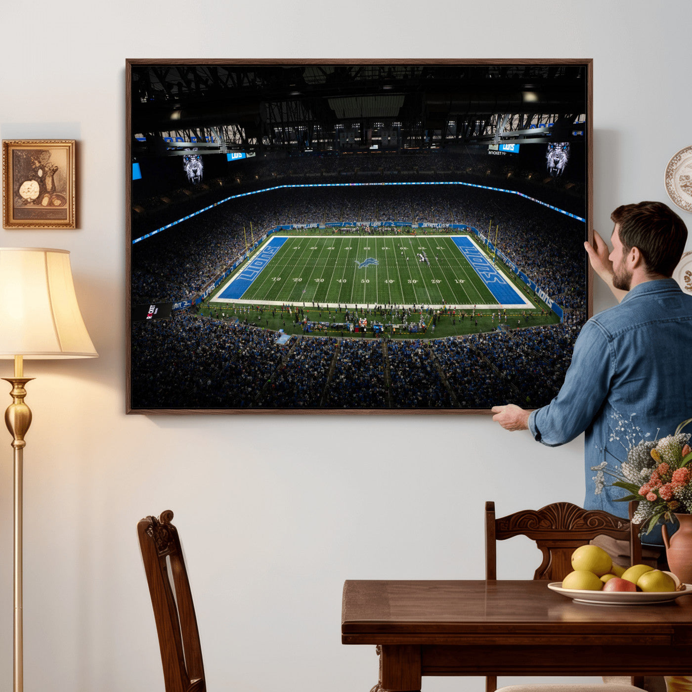 16709602-MGV-CV-36X24 - Detroit Lions Stadium Wall Art Canvas Print, Football Field Panorama Artwork, NFL Game Night Stadium Decor