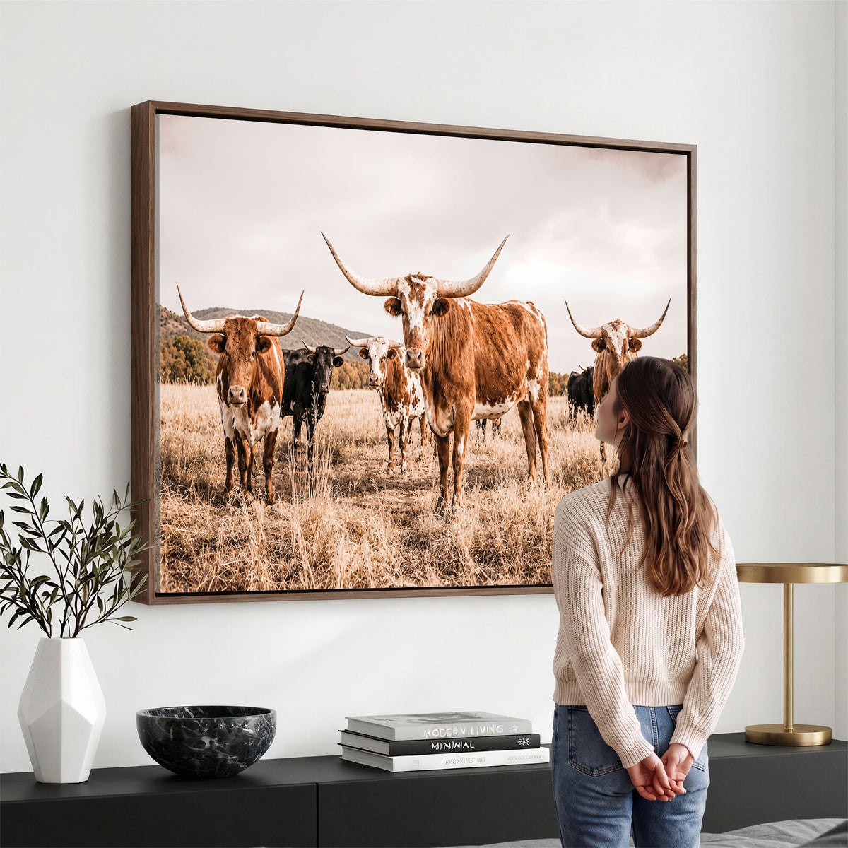27539727-MGV-CV-36X24 - Texas Longhorn Cattle Wall Art Canvas Print, Sepia Western Decor