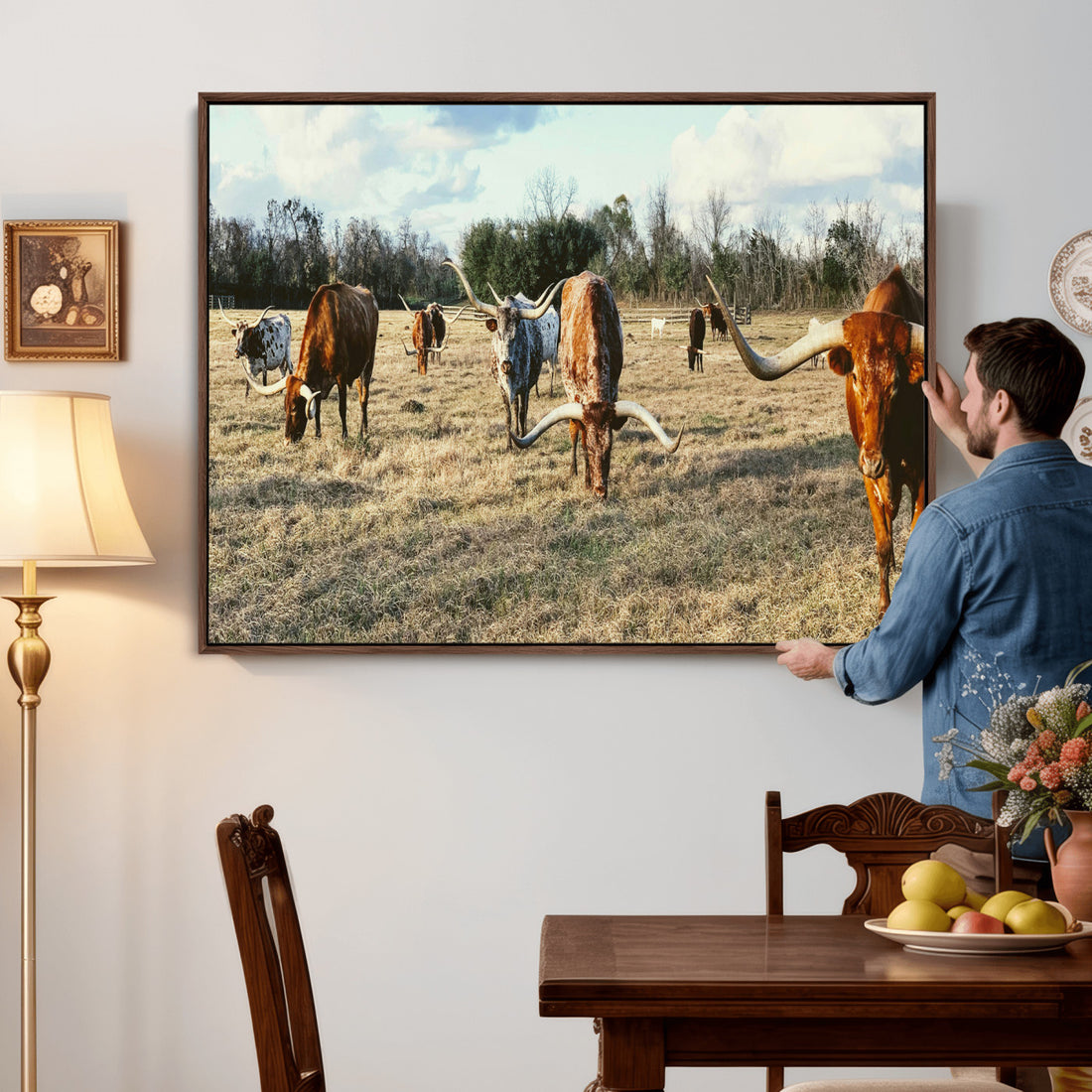 Texas Longhorn Wall Art Canvas Print, Western Ranch Cattle