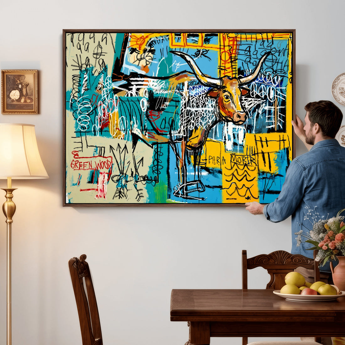 Basquiat Style Bird Bull Graffiti Wall Art Canvas Print, Street Art